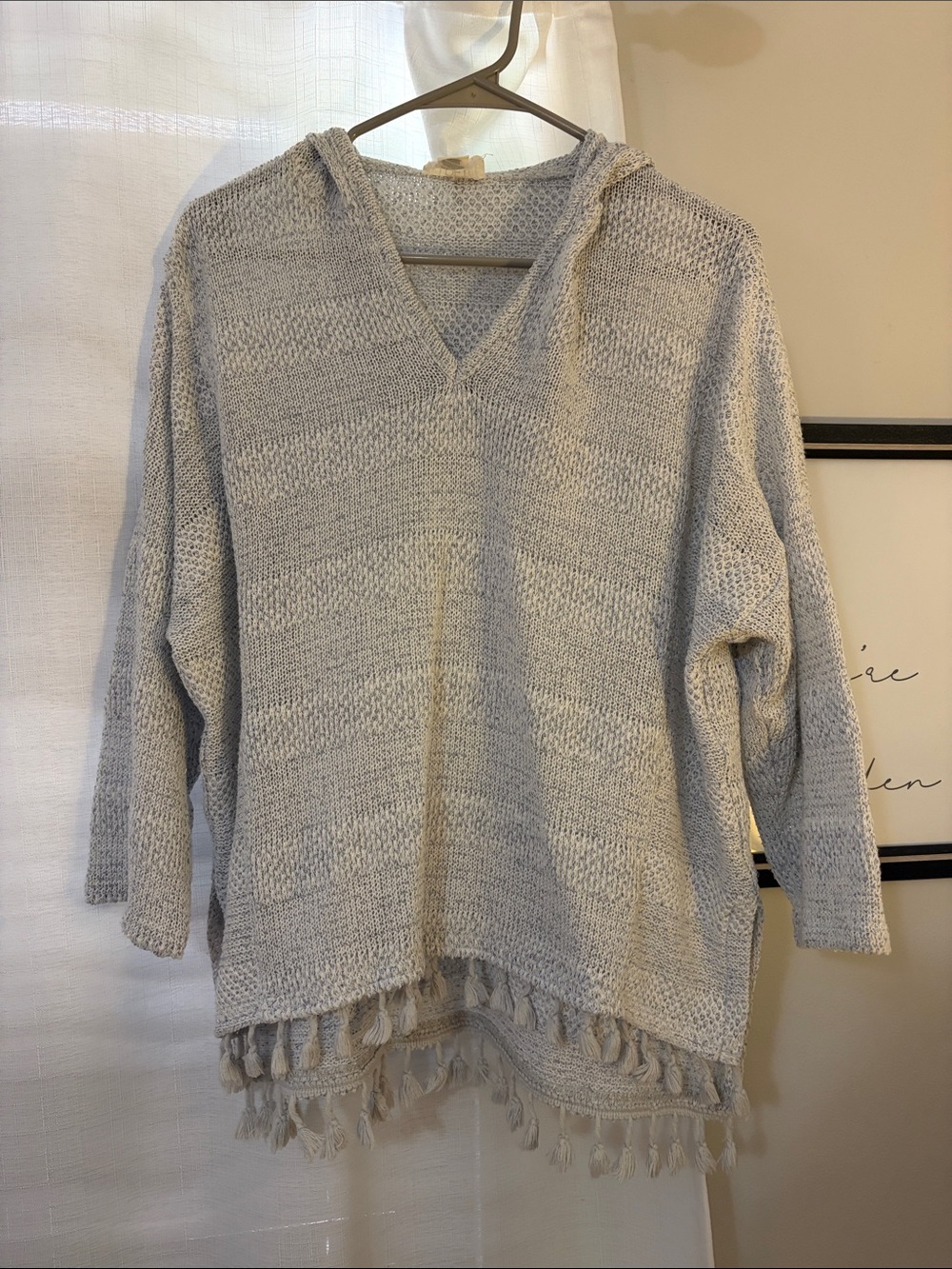 LOFT Cozy Hooded Knit Sweater with Tassel Hem in Light Gray